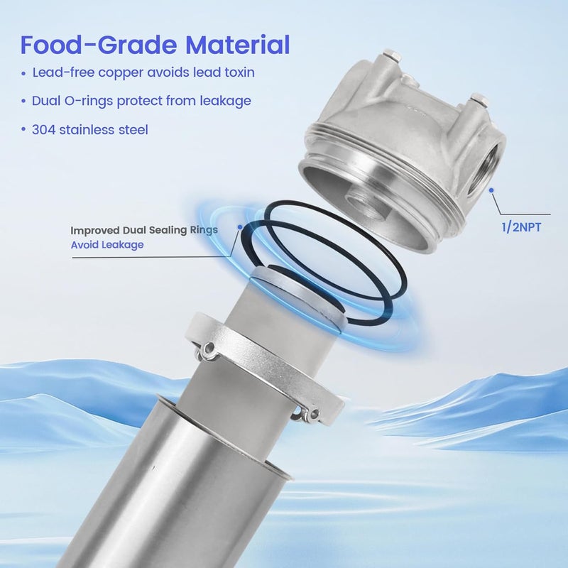 Amwater حاوية فلتر المياه المنزلية من الفولاذ المقاوم للصدأ NSF/ANSI 42، نظام فلتر المياه للرواسب بحجم 10" × 2.5" للاستخدام الثقيل، مياه الآبار والمدن، منفذ NPT 1/2"، صمام تصريف نمط A - Image 2